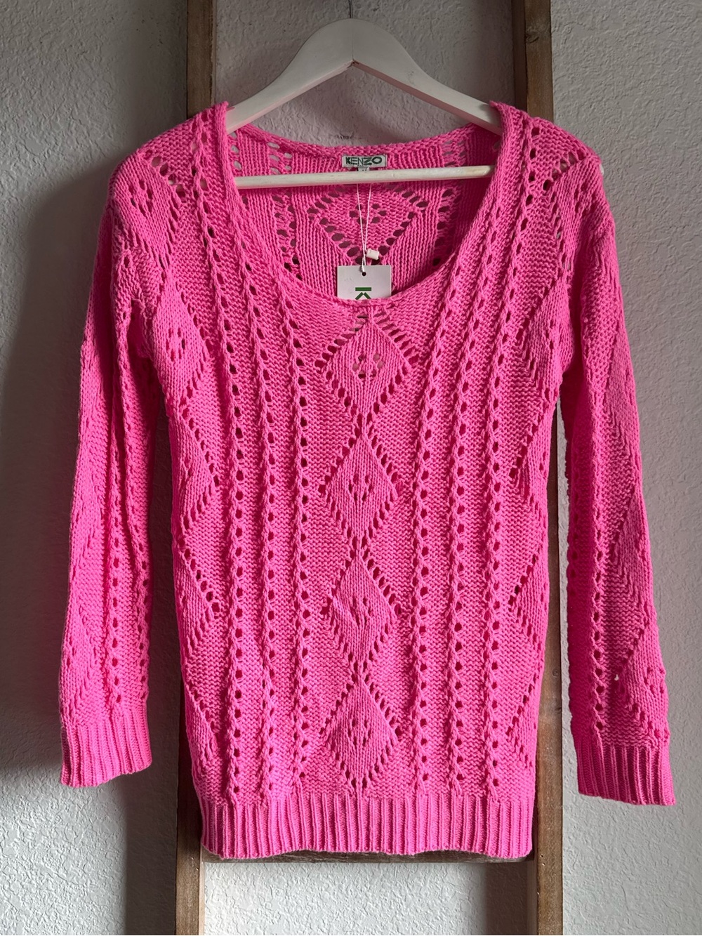 KENZO Paris Vibrant Bubble Gum Pink Open Knit Sweater NWT Sz: Med